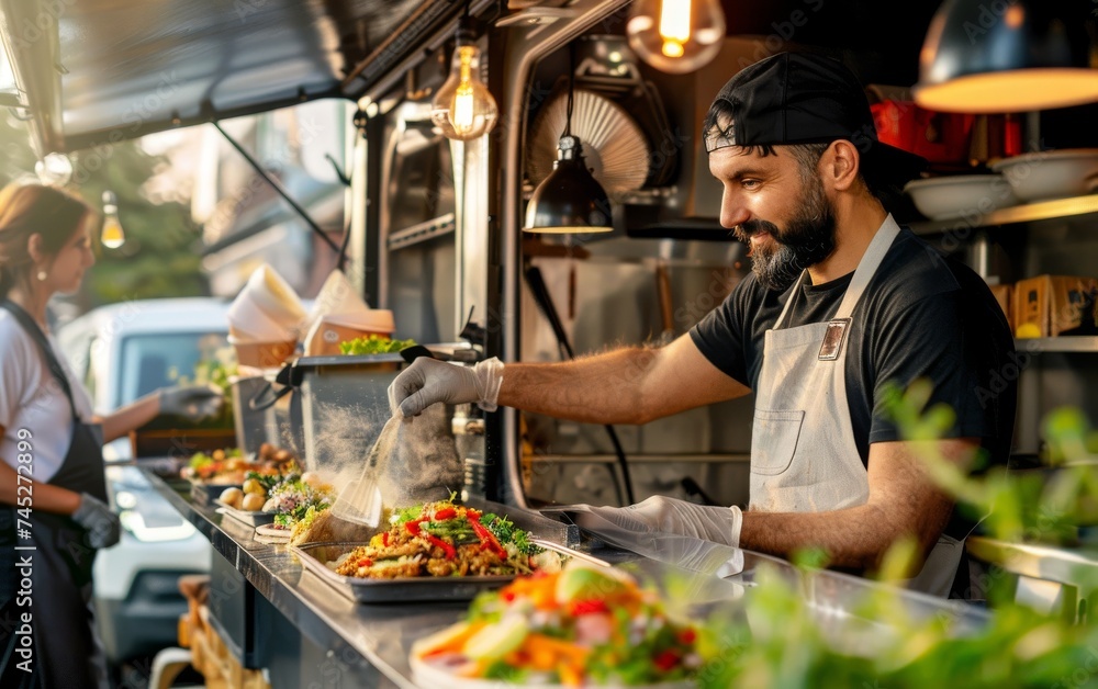 Urban food truck scene emphasizing their commitment to sustainable packaging Urban food truck scene emphasizing their commitment to sustainable packaging
