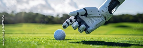 Tech meets sport Robot arm teeing a golf ball with an immaculate fairway green in the background