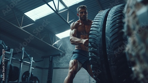 muscular athlete takes on the challenge of flipping a heavy tire during an intense gym training session