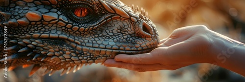 Tranquil scene of hand caressing dragons head photo