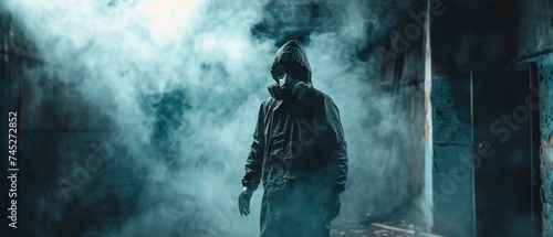 Toxicologist in a dark abandoned factory gas mask on with eerie toxic smoke enveloping the scene