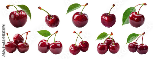 Cherry set PNG. Set of cherries PNG. Red cherry with stem PNG. Red cherries PNG. Wild red cherry isolated. Cherry with a steam and a leaf PNG