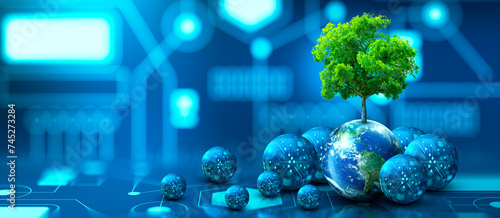 Fototapeta Naklejka Na Ścianę i Meble -  Tree growing on Earth with abstract blue background. Environmental Technology, Earth day, Energy saving, Environmentally friendly, csr, and IT ethics Concept. Elements furnished by NASA.