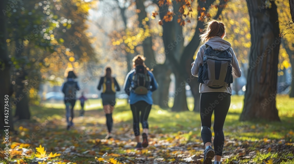 Obraz premium People rucking in the park, running with backpacks on their back