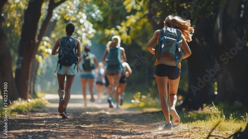 People rucking in the park, running with backpacks on their back