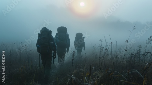 A group of hikers walking with backpacks in the fog photo