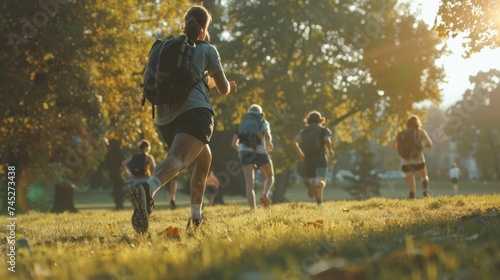 People rucking in the park, running with backpacks on their back