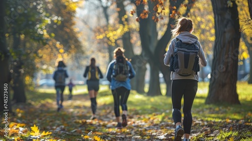 People rucking in the park, running with backpacks on their back