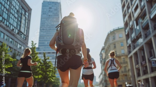 People rucking on the street of the city, running with backpacks on their back photo