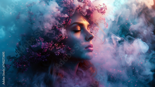 Portrait of a beautiful and sexy woman in smoke with bright flowers. The concept of spring, advertising of beauty industry, perfume and beautiful people.