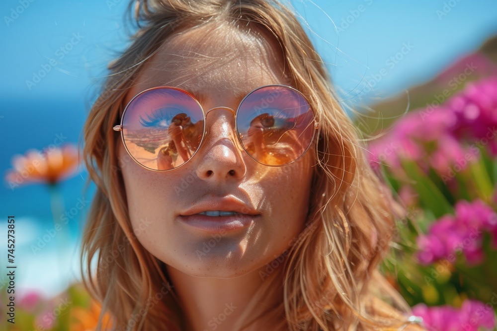 A vibrant outdoor shot of a young woman wearing sunglasses reflecting a beach scene, surrounded by flowers A vibrant outdoor shot of a young woman wearing sunglasses reflecting a beach scene, surrounded by flowers