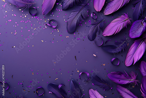 purple feathers on a purple background with confetti 