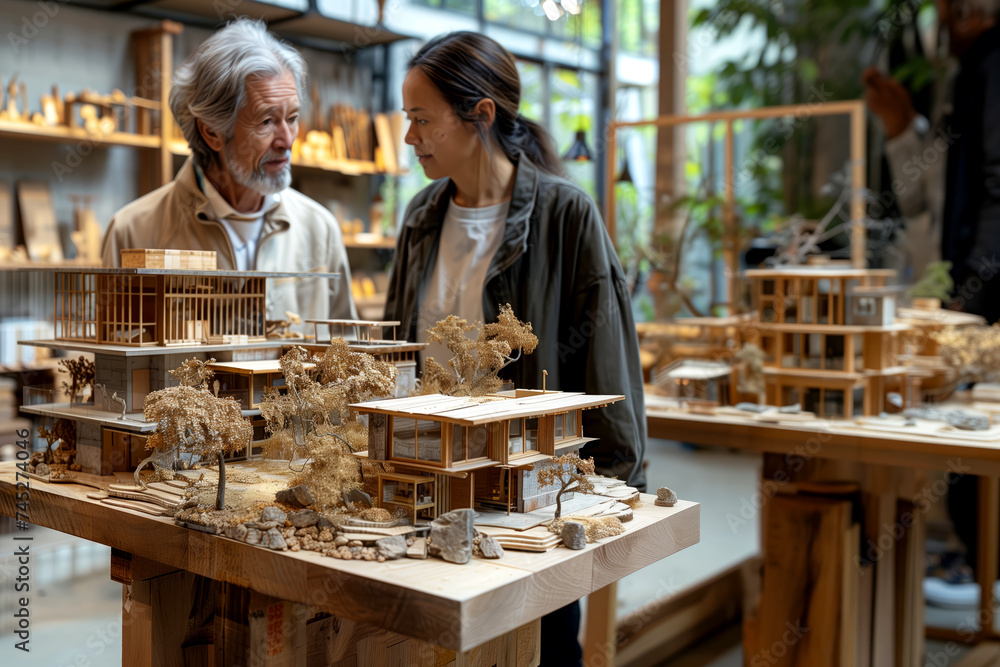 Model of a house for future construction. A family is discussing planning to build a future home. Concept of design, architecture, mortgage. Model of a house for future construction. A family is discussing planning to build a future home. Concept of design, architecture, mortgage.