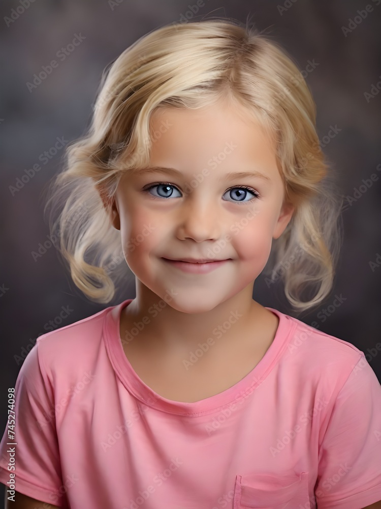 Head shot of a 5 year old girl. She has short blond hair. She has blue eyes. She is wearing a pink shirt. She is facing forward smiling. Head shot of a 5 year old girl. She has short blond hair. She has blue eyes. She is wearing a pink shirt. She is facing forward smiling.