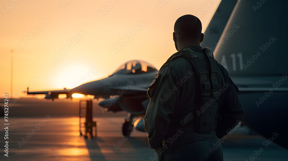 an american soldier stands in front of a fighter jet at sunset