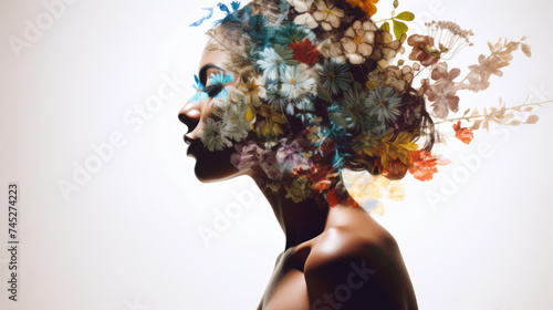 Woman profile with flowers in head, concept of mental health, double exposure © dvoevnore