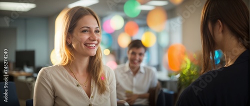 Woman surrounded by vibrant bokeh lights engages in an office conversation 