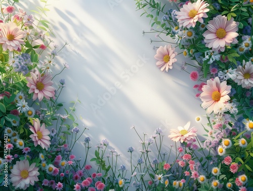 A lot of beautiful fresh wildflowers laying on the bright background with the empty space in the center