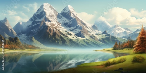 A mountain and a lake landscape background.