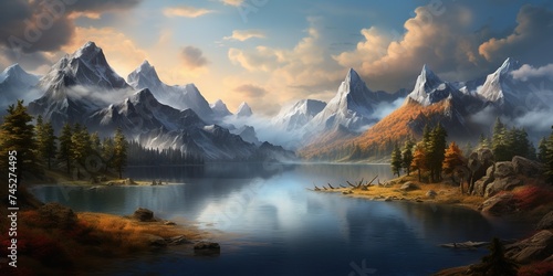 A mountain and a lake landscape background.