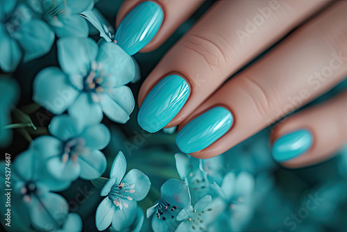 Womans Hand With Blue Manicure and Flowers