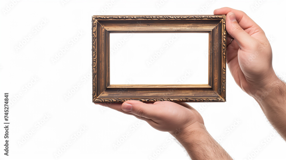 Image of hand holding empty photo frame, white background, Ai Generated Images