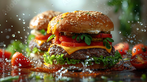 Juicy burger with tomato and lettuce, cheese on a dark background. Concept of fast food food, fast food and cooking recipes.