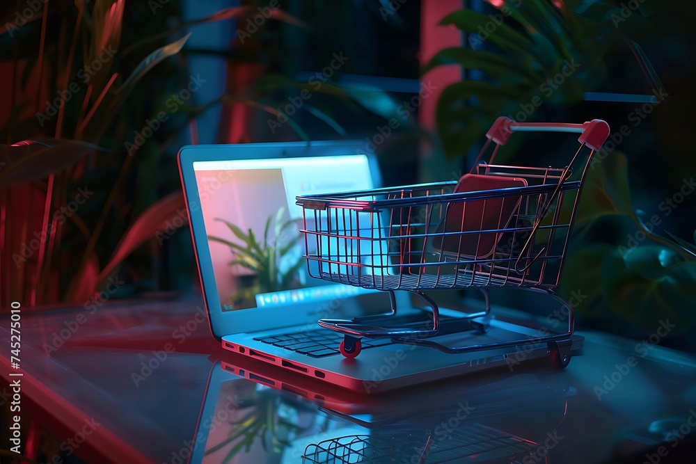 Digital Convenience: Showcasing the Ease of Online Shopping with Laptop and Mini Cart