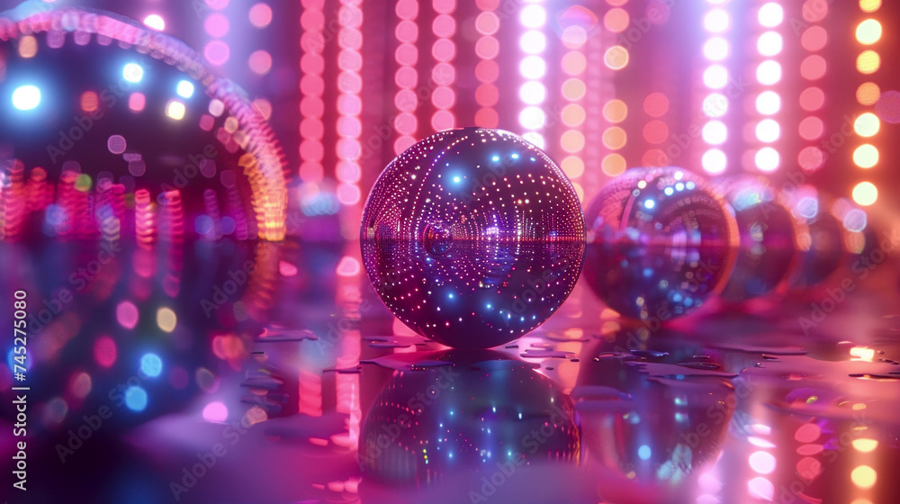 Neon-colored glowing balls in abstract space Neon-colored glowing balls in abstract space