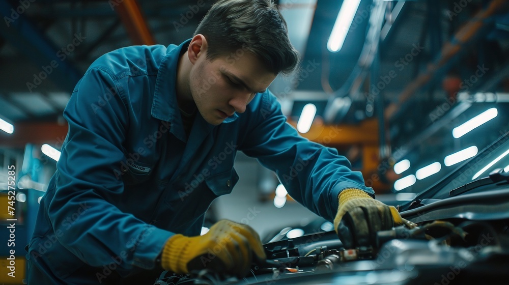 automotive technician in uniform delivers top tier engine service within the organized space of a contemporary workshop automotive technician in uniform delivers top tier engine service within the organized space of a contemporary workshop