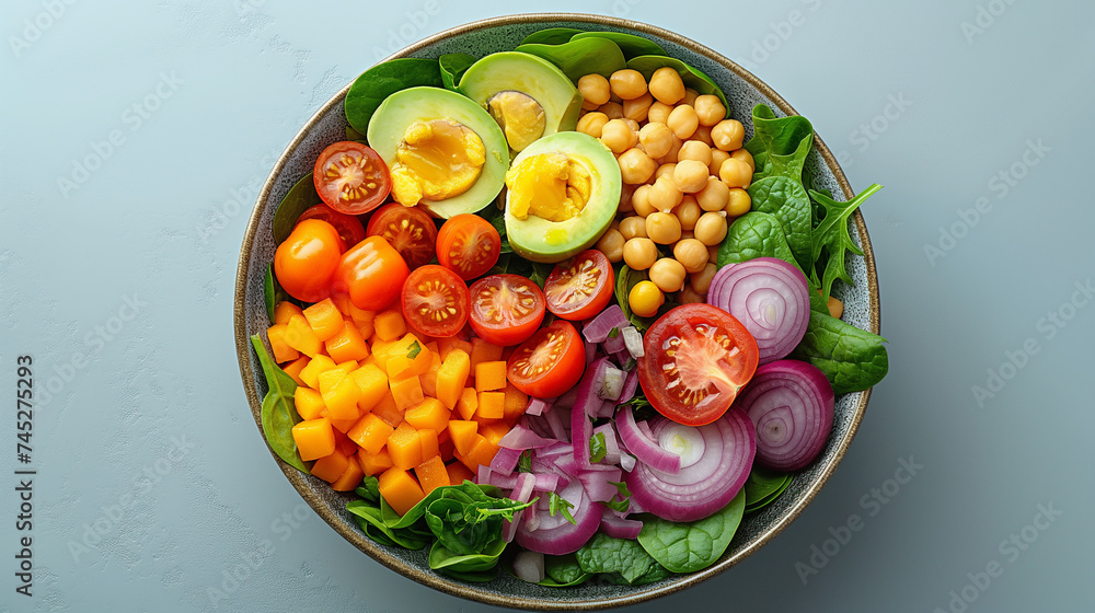 Bowl of fresh raw salad from different fresh vegetables, greenery and nuts. Mix from tomato, pumpkin, avocado and greenery Bowl of fresh raw salad from different fresh vegetables, greenery and nuts. Mix from tomato, pumpkin, avocado and greenery