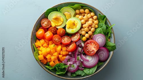 Bowl of fresh raw salad from different fresh vegetables, greenery and nuts. Mix from tomato, pumpkin, avocado and greenery
