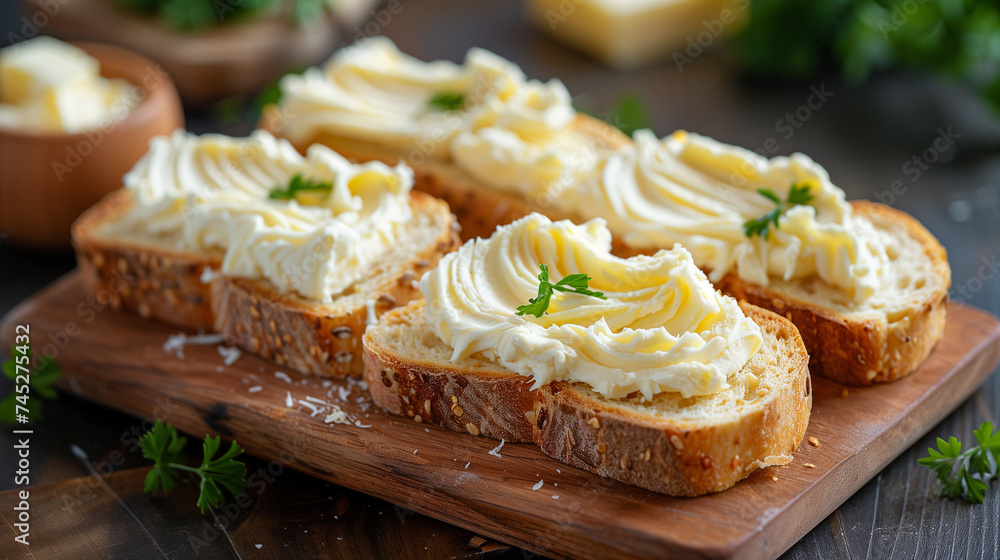Freshly baked bread with a crispy crust and butter. Concept of healthy breakfast Freshly baked bread with a crispy crust and butter. Concept of healthy breakfast