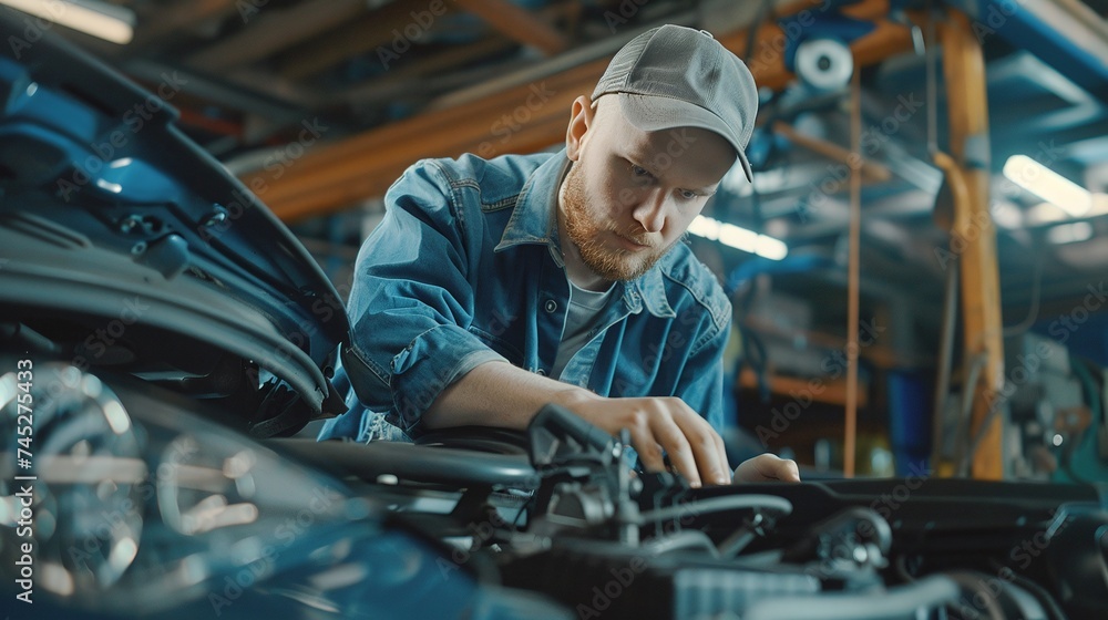 professional car technician in uniform conducting a detailed engine inspection in a stateoftheart clean workshop professional car technician in uniform conducting a detailed engine inspection in a stateoftheart clean workshop