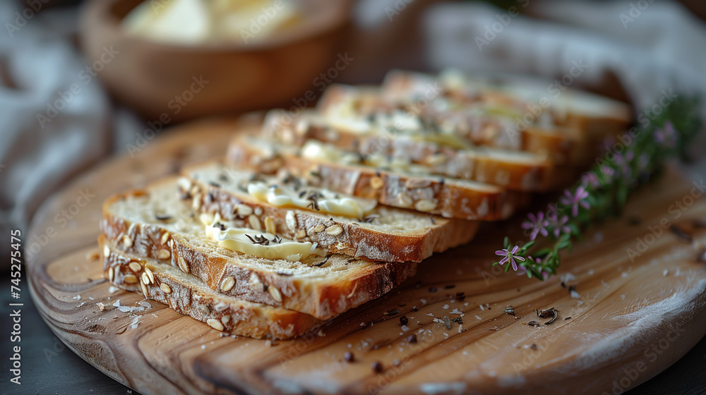 Freshly baked bread with a crispy crust and butter. Concept of healthy breakfast Freshly baked bread with a crispy crust and butter. Concept of healthy breakfast