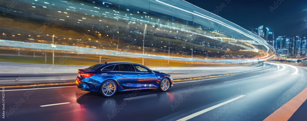 Side view of blue business car going at high speed on the highway at night, surrounded by neon light trails from the movement, city in the background, wide banner with copy space for text