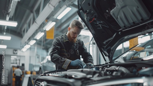 automotive specialist in a clean uniform performs engine diagnostics under the hood in a state-of-the-art car service workshop