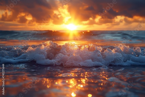 The radiant sunset glistening over oceanic waves captures the ephemeral beauty of nature's artistry in a moment of serenity