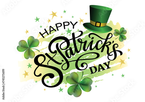 Happy Saint Patricks day abstract green gold banner with lettering, clover leaves and green hat. © VETOCHKA