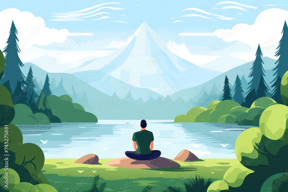Nature's Tranquil Harmony: Young Woman Meditating in Peaceful Mountain Landscape
