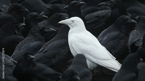 White crow in flock of black ones - concept of individuality, being different