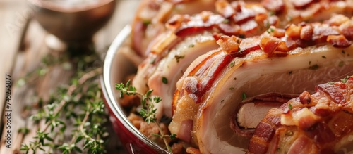 A close-up view showing a plate of food with bacon and pork loin roulade arranged beautifully on a table.