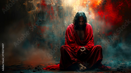 Jesus in prayer over a dark background