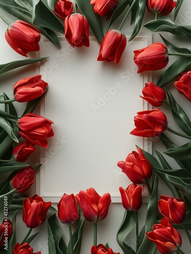 Beautiful fresh tulip flowers laying on the table with empty space in the center. Flower mockup 