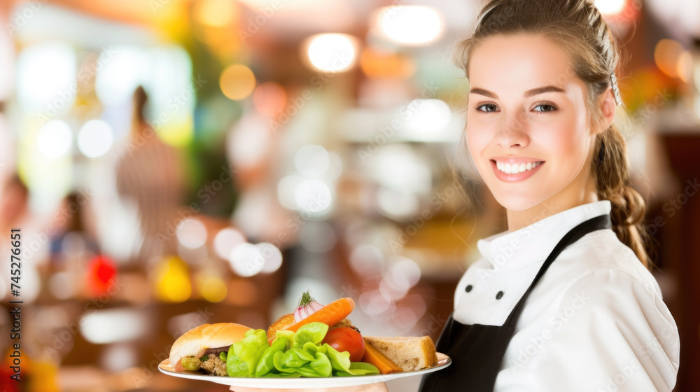 Friendly smiling female waiter with a dish in restaurant setting