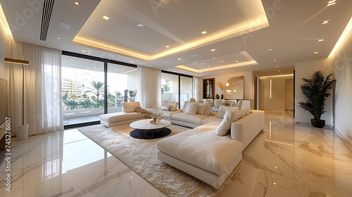 Modern living room with a sofa and light-colored furniture and framed windows. The concept of modern renovation  design work and modern furniture.
