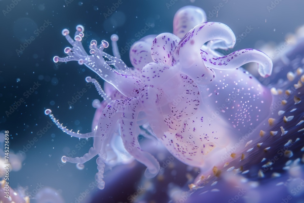 Obraz premium A translucent jellyfish with purple spots floating underwater surrounded by small bubbles.
