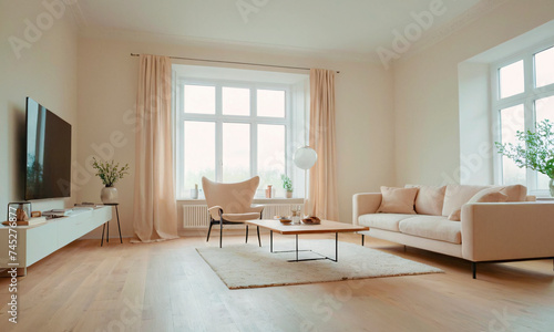 This modern living room  awash with natural light  features a plush grey sofa and minimalist decor  creating a tranquil space that radiates contemporary chic.