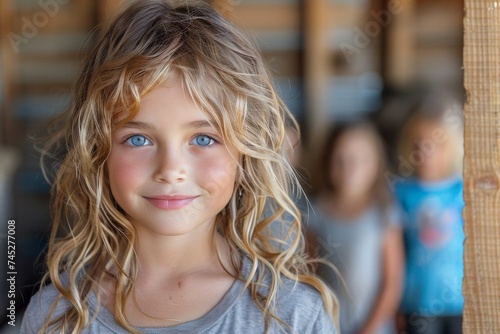 Cheerful young girl with striking blue eyes and blonde hair, smiling brightly in a rustic wooden setting