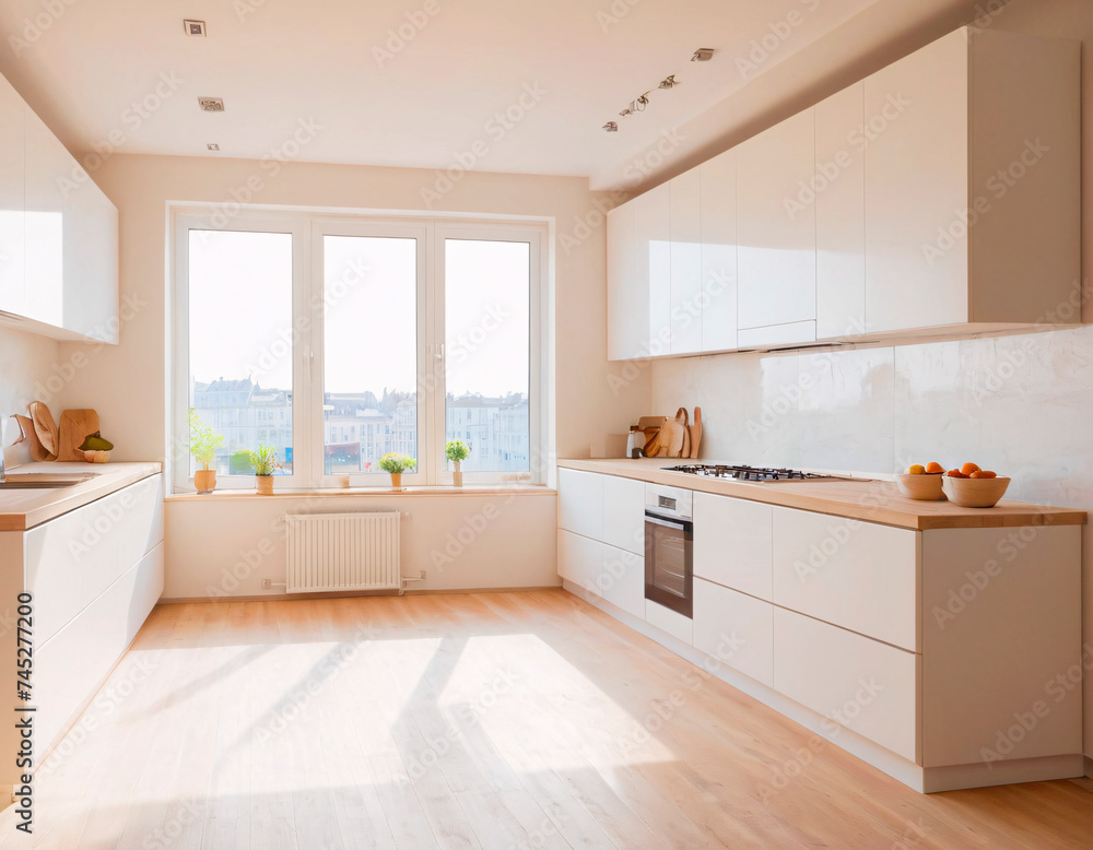 This modern kitchen, awash with natural light, boasts pristine white cabinetry and a warm wooden countertop, creating an inviting space that’s both functional and stylish. This modern kitchen, awash with natural light, boasts pristine white cabinetry and a warm wooden countertop, creating an inviting space that’s both functional and stylish.